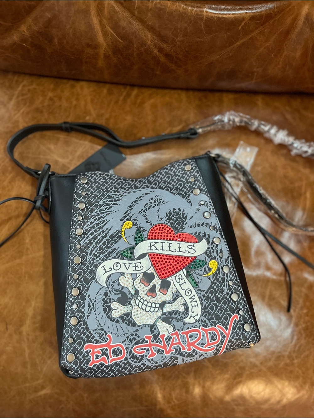 Ed Hardy Crossbody Black Studded Front Rhinestone Love Kills Slowly Embossed NWT
